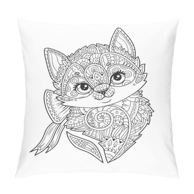 Personality  Kitten With Bow Portrait In Zentangle Style In Vector Pillow Covers