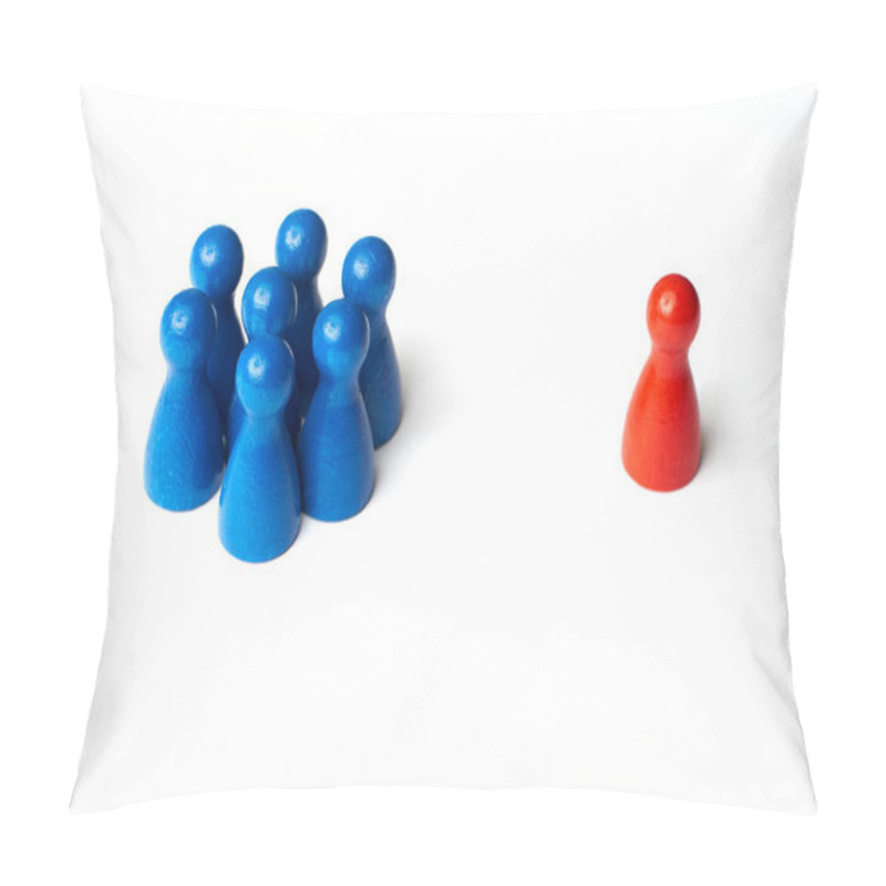 Personality  One Group Of Seven Blue People And One Red Person. Game Figure Concept. Pillow Covers