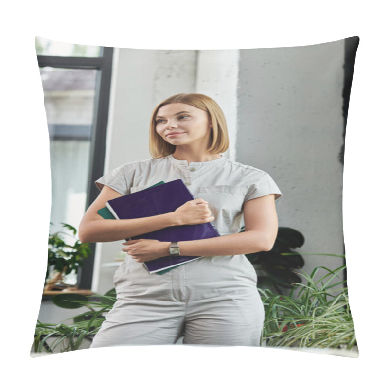 Personality  A Young Professional Stands Thoughtfully, Clutching Folders In A Stylish, Contemporary Workspace. Pillow Covers