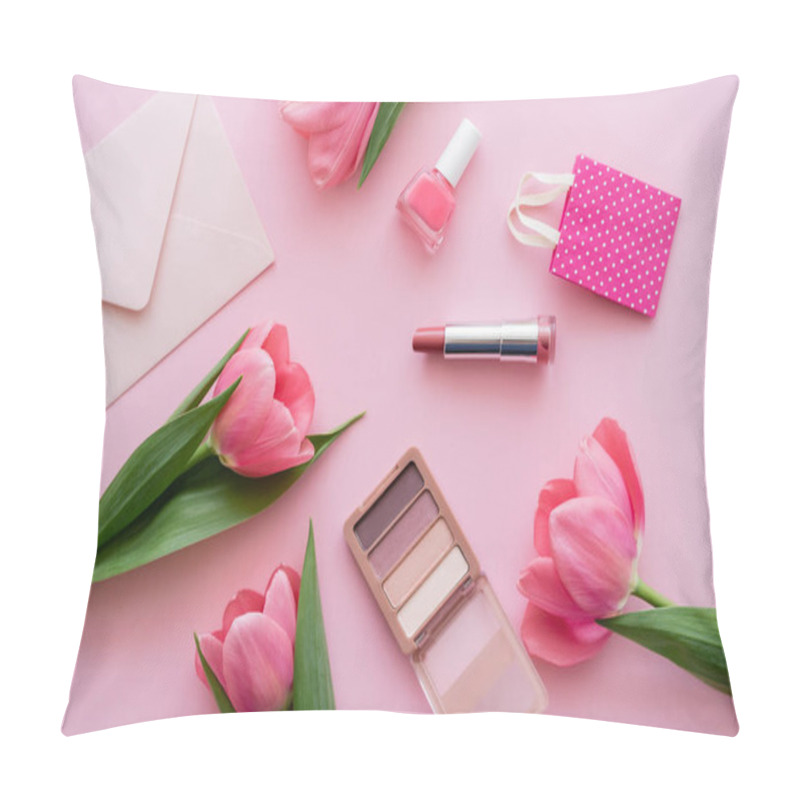 Personality  Top View Of Blooming Tulips Near Decorative Cosmetics And Envelope On Pink Pillow Covers