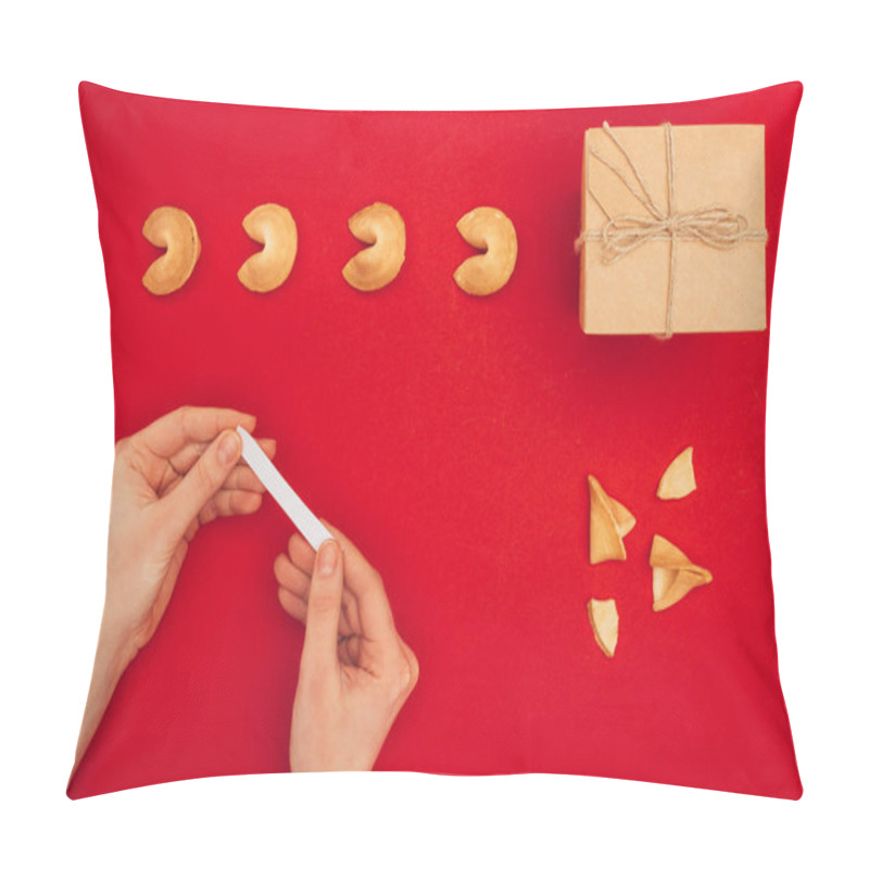 Personality  Cropped Shot Of Woman Opening Fortune Cookie Over Red Surface With Handmade Giftbox, Chinese New Year Concept Pillow Covers