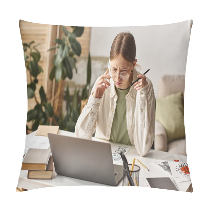 Personality  Teenage Girl Talking On Smartphone And Looking At Laptop Near Her Sketch Drawing On Desk Pillow Covers