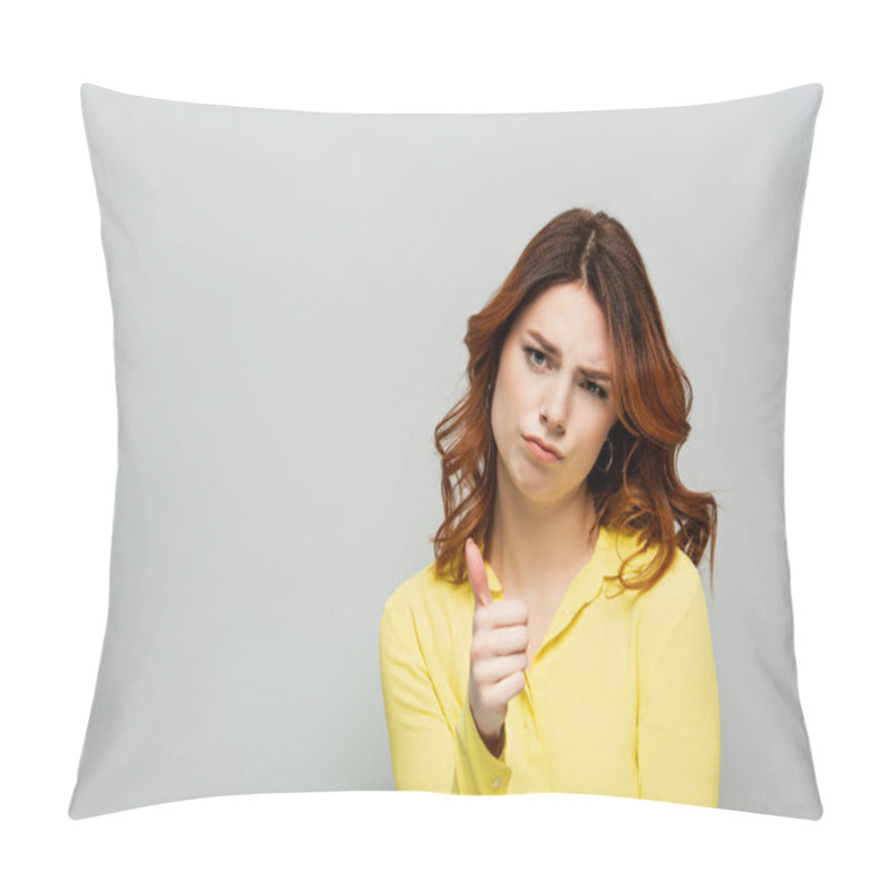 Personality  Jealous Woman Showing Thumb Up While Looking At Camera Isolated On Grey Pillow Covers