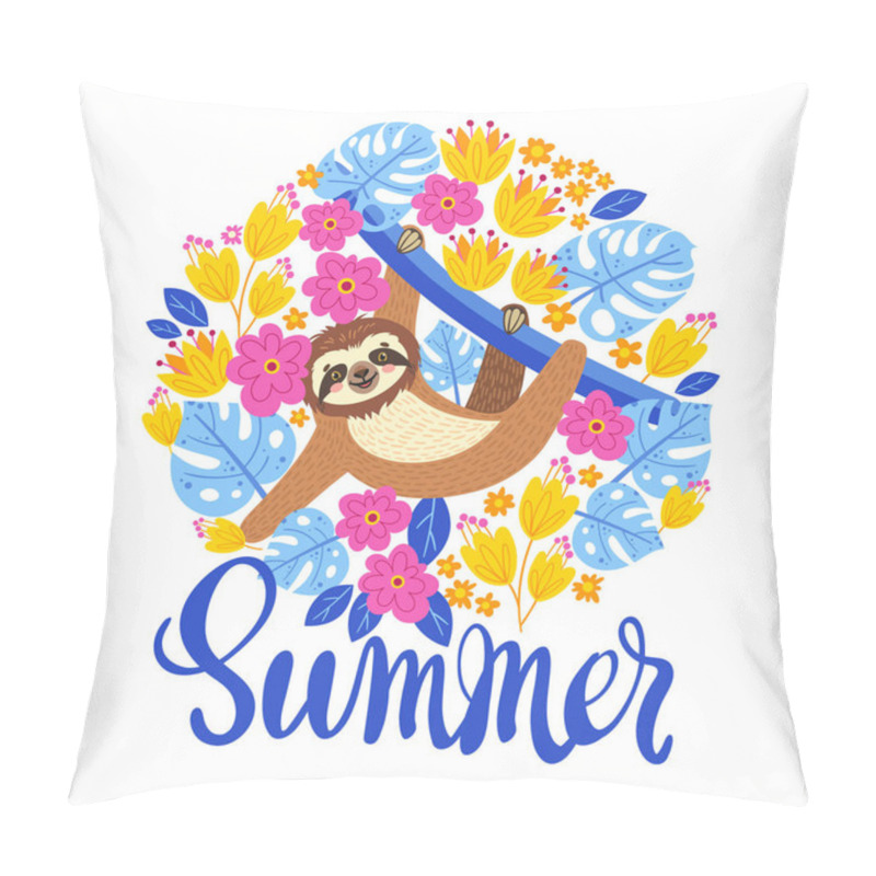 Personality  Sloth On The Branch. Vector Illustration With Frame Of Leaves, Flowers And Lettering Summer On White Background. Greeting Card In Tropical Style. Pillow Covers