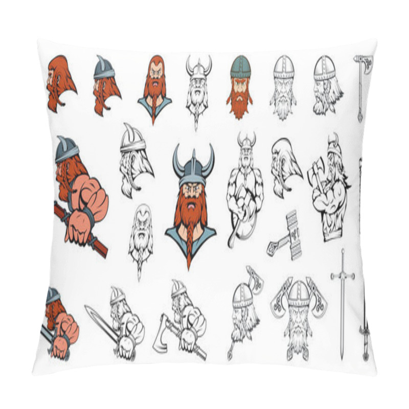 Personality  Set Of Scandinavian Vikings In Different Poses. Scandinavian Warriors With A Traditional Weapon. Team Mascot. Scandinavian Vikings With An Ax, Knife, And Sword In His Hand. Vector Graphic To Design Pillow Covers