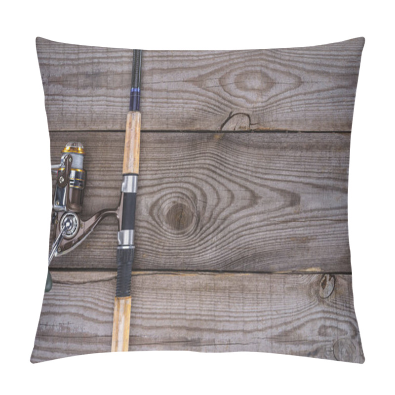 Personality  View From Above Of Fishing Rod On Wooden Planks, Minimalistic Concept  Pillow Covers