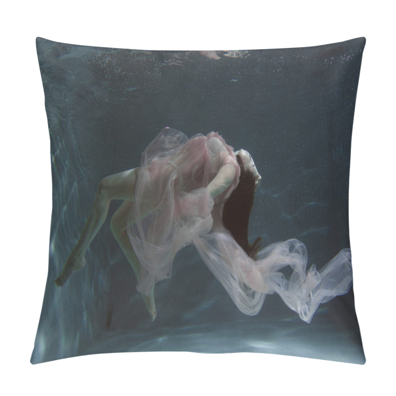 Personality  A Girl With Long Dark Hair Swims Underwater In A Pink Dress And With A Crown On Her Head, Like An Underwater Queen. Fairy Tale Suitable For Advertising Pillow Covers