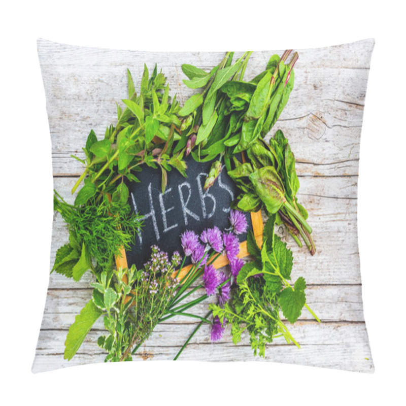 Personality  Fresh Herbs On Wooden Background. Pillow Covers