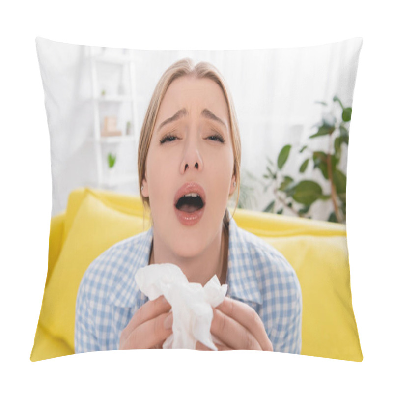 Personality  Young Woman Sneezing And Holding Napkin On Blurred Foreground  Pillow Covers