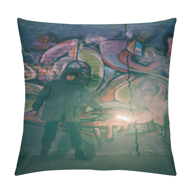 Personality  Man Holding Smoke Bomb And Standing Against Wall With Graffiti At Night Pillow Covers