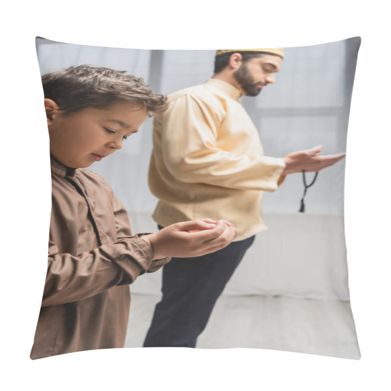 Personality  Muslim Boy Praying Near Blurred Father During Ramadan At Home  Pillow Covers