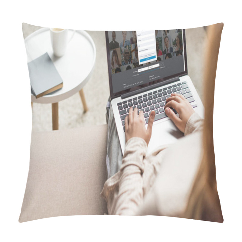 Personality  Cropped Shot Of Woman At Home Sitting On Couch And Using Laptop With Linkedin Website On Screen Pillow Covers