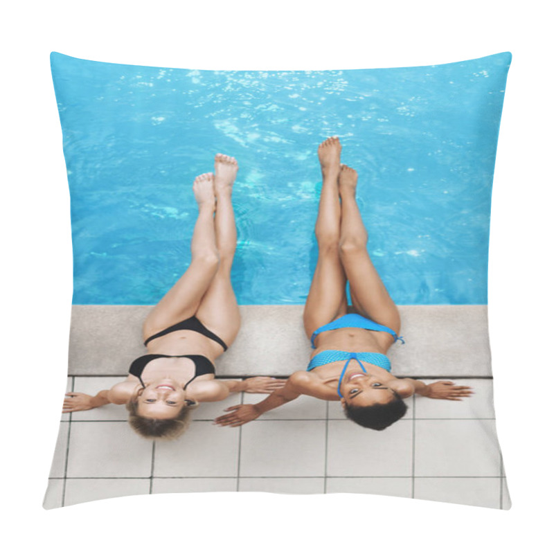 Personality  Young Female Friends In Swimwear Sunbathing Together Near Pool, Overhead View Pillow Covers