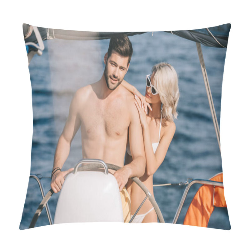 Personality  Young Attractive Woman Embracing Shirtless Boyfriend While He Steering Yacht Pillow Covers