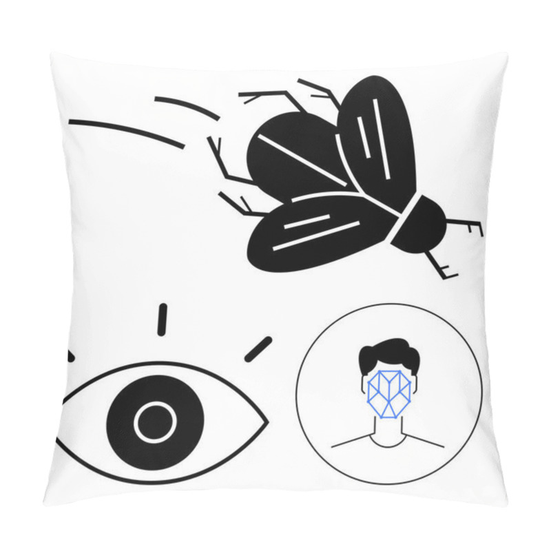 Personality  Fly In Motion, Stylized Human Eye With Focus Lines, Mans Face Geometrically Mapped. Ideal For Technology, Vision, Recognition, Science, Biology Precision Future Concepts. Abstract Line Flat Pillow Covers