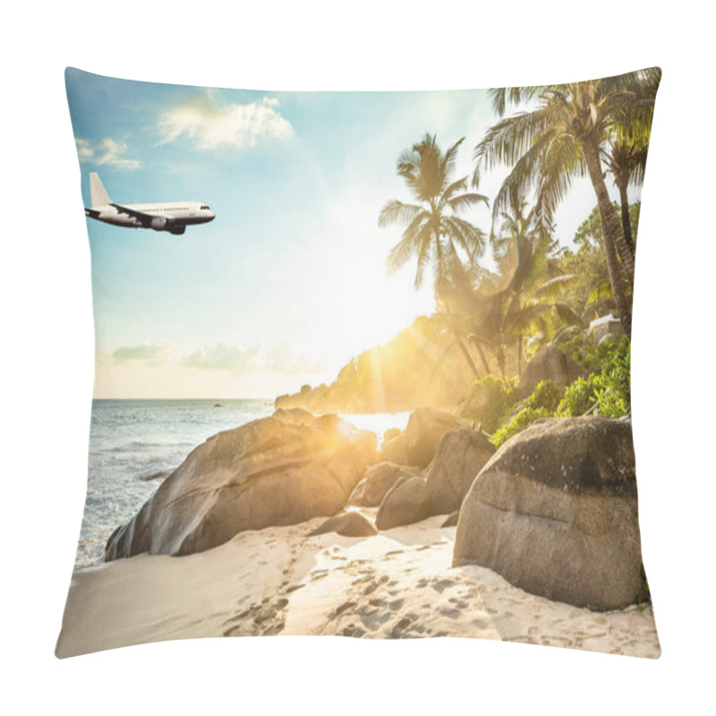 Personality  Airplane Is Flying In Cloudy Sky Over Island And Sea In Summer At Seychelles Pillow Covers