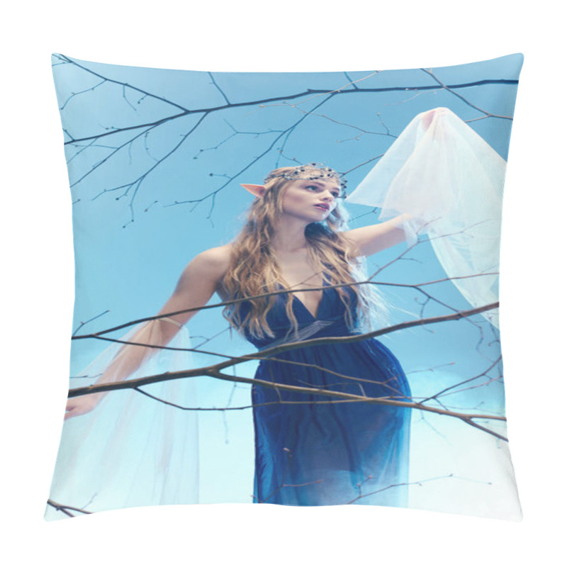 Personality  A Young Woman In A Flowing Blue Dress, Resembling An Elf Princess, Stands Gracefully Atop A Tree In A Whimsical And Fairy-like Manner. Pillow Covers