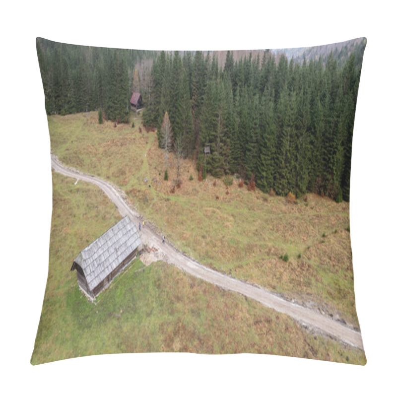 Personality  Drone Aerial Of Wooden Mountain Hut Overlooking Autumn Valley In The Julian Alps, Slovenia. Holiday Wooden House Pillow Covers