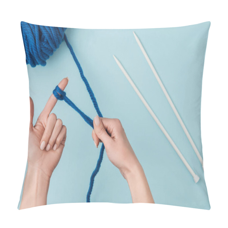 Personality  Partial View Of Woman With Blue Yarn And White Knitting Needles Knitting On Blue Backdrop Pillow Covers