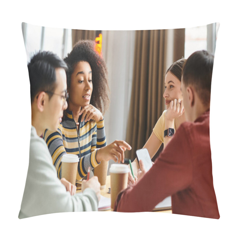 Personality  A Diverse Group Of Students From Different Backgrounds Sit Together, Engaging In A Lively Discussion At A Wooden Table Indoors. Pillow Covers