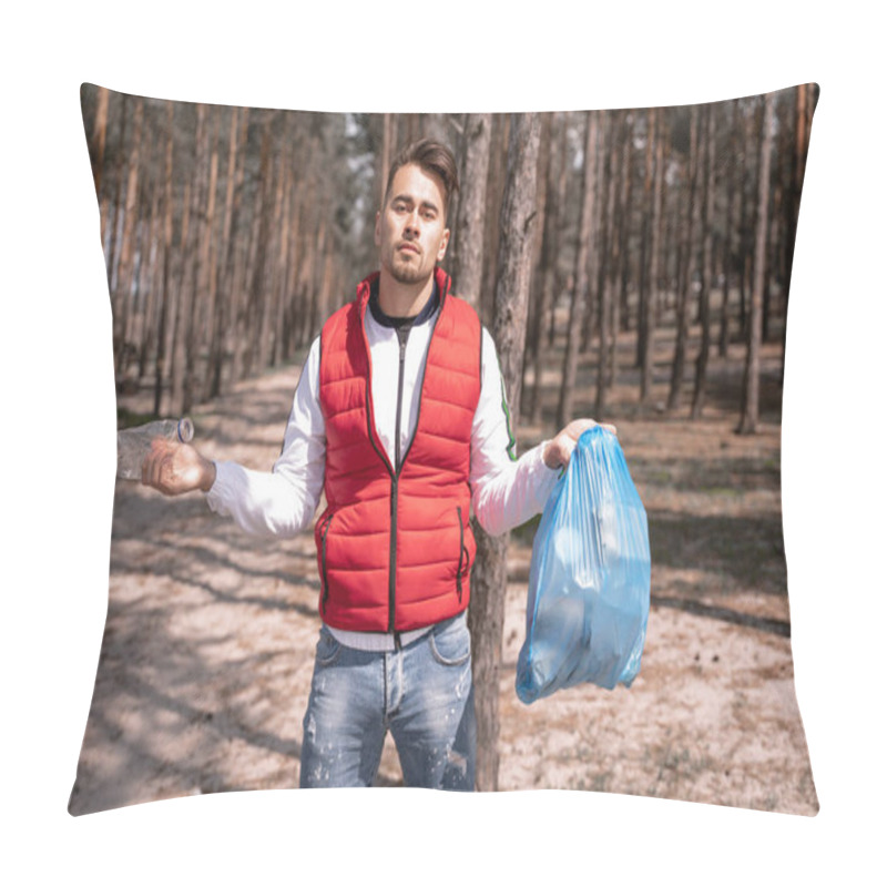 Personality  Young Man Holding Blue Trash Bag And Plastic Bottle In Forest  Pillow Covers