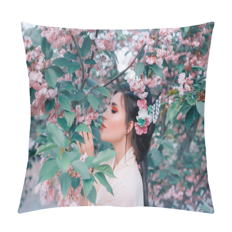 Personality  Beautiful Oriental Woman Holding In Hand Blossom Branch Enjoy Aroma Sakura Pink Flowers. Girl Red Makeup, Long Black Hair. Chinese Japanese National Costume Trendy Kimono. Blooming Spring Garden Tree Pillow Covers