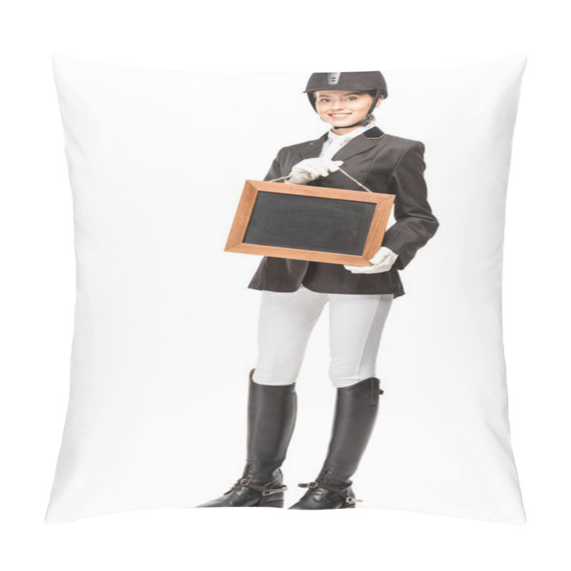 Personality  Beautiful Young Horsewoman In Uniform Holding Blank Chalkboard Isolated On White Pillow Covers