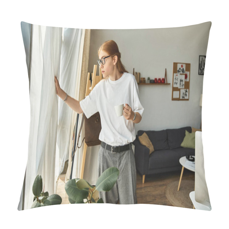 Personality  A Young Man Gazes Out The Window Thoughtfully While Sipping His Drink In A Modern Home. Pillow Covers