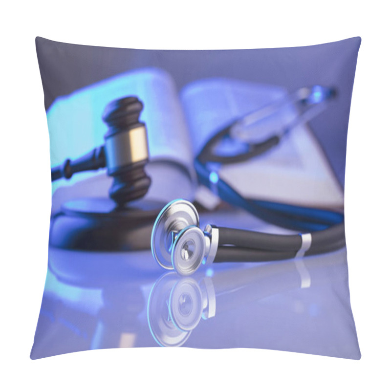 Personality  Medical Law Concept. Gavel, Stethoscope, Blue Light. Place Fort Text. Pillow Covers