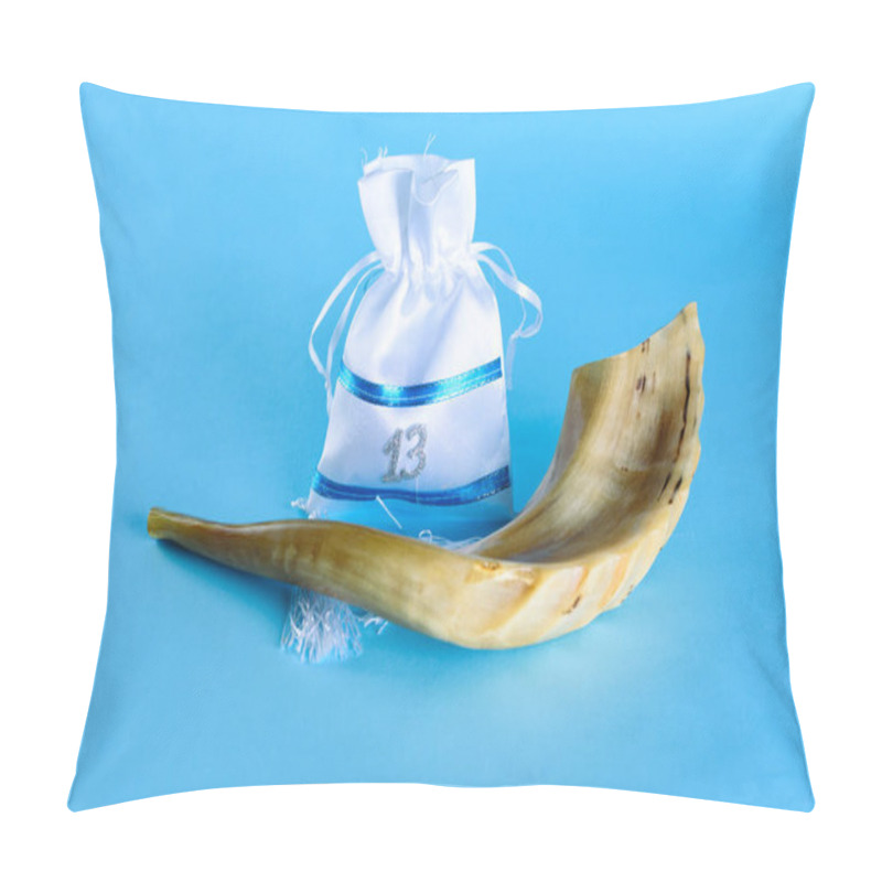 Personality  Shofar Horn And A Gift Bag For Bar Mitzvah. Greeting Card. Invitation A Party. Jewish Boy Automatically Becomes Bar Mitzvah When He Turns 13 Years Old. Side View. Pillow Covers