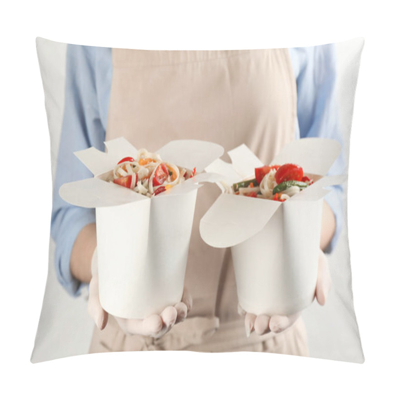 Personality  Chef Holding Boxes Of Vegetarian Wok Noodles On Light Background, Closeup Pillow Covers