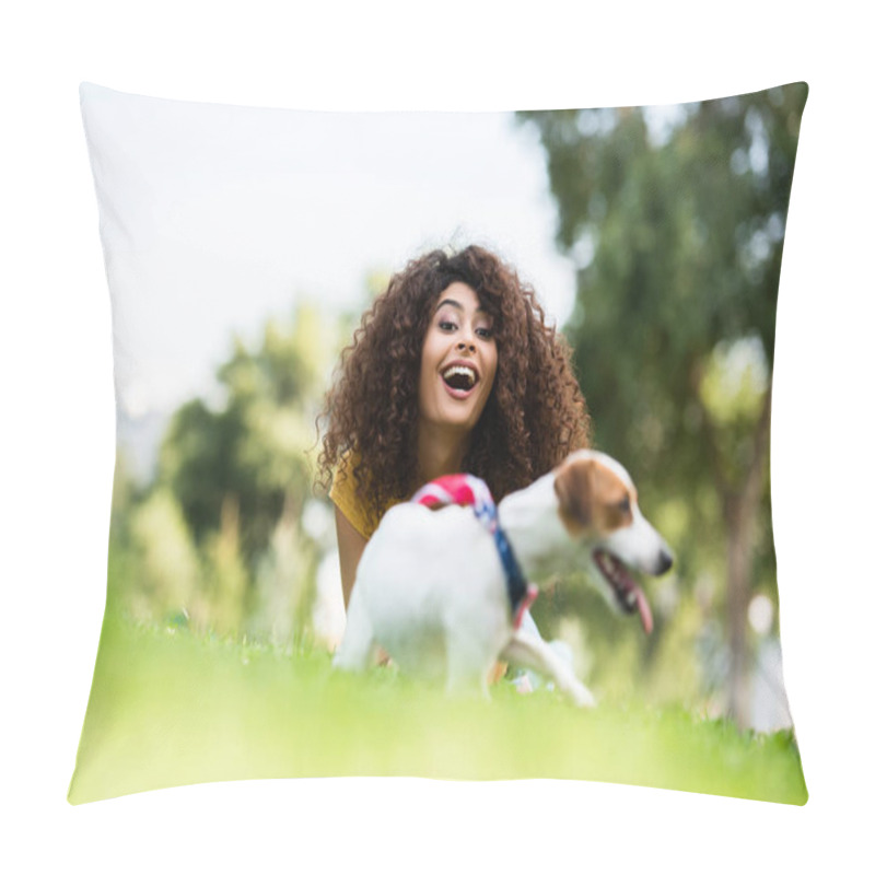 Personality  Selective Focus Of Excited Woman Laughing And Looking At Camera While Lying On Grass Near Jack Russell Terrier Dog Pillow Covers