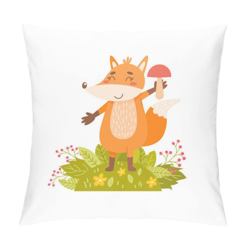 Personality  Cute Fox Holds A Mushroom On A White Background. Pillow Covers