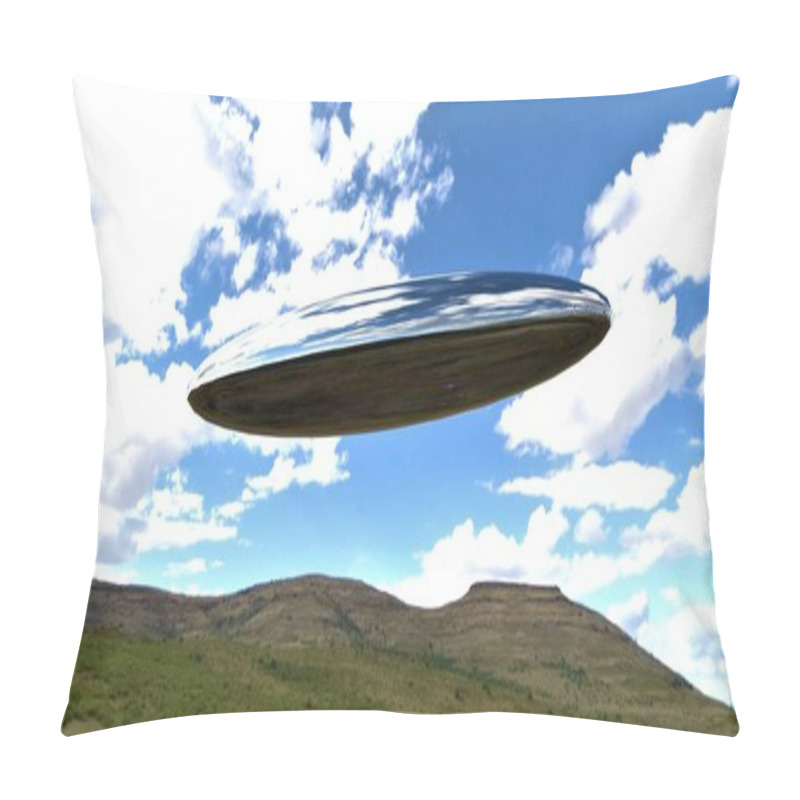 Personality  Snap Of The UFO Flying In The Sky In The Above The Hilly Landscape. Suitable Illustration For The Scientific Magazines. 3d Rendering. Pillow Covers