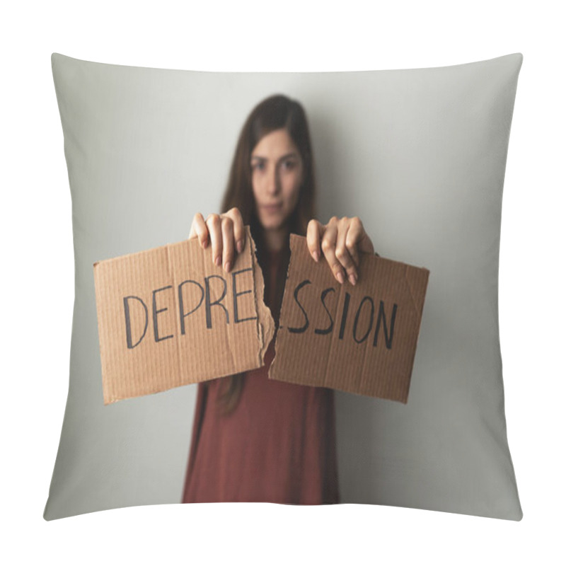 Personality  Hispanic Woman In Her 20s Tearing Down A Sign With Depression Written On It. Pretty Woman Overcoming Her Depression Problem Pillow Covers