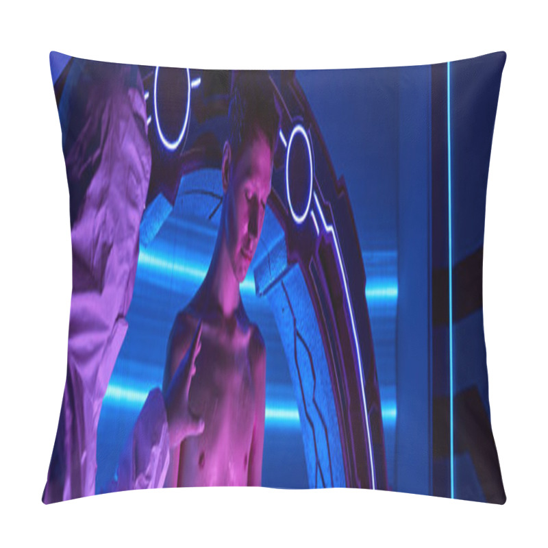 Personality  Humanoid Alien Near High-tech Device And Scientist In Hazmat Suit In Futuristic Lab, Banner Pillow Covers