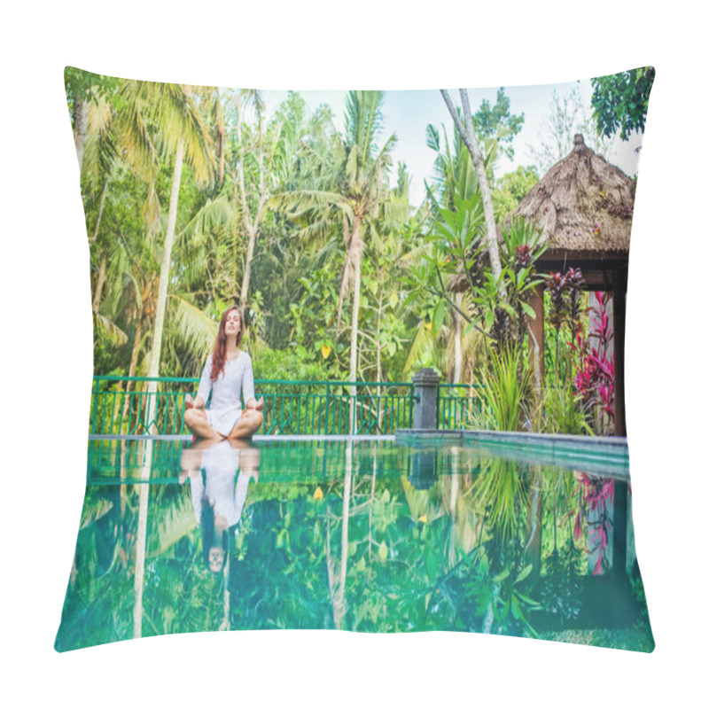 Personality  Woman Meditating At Pool Side. Pillow Covers