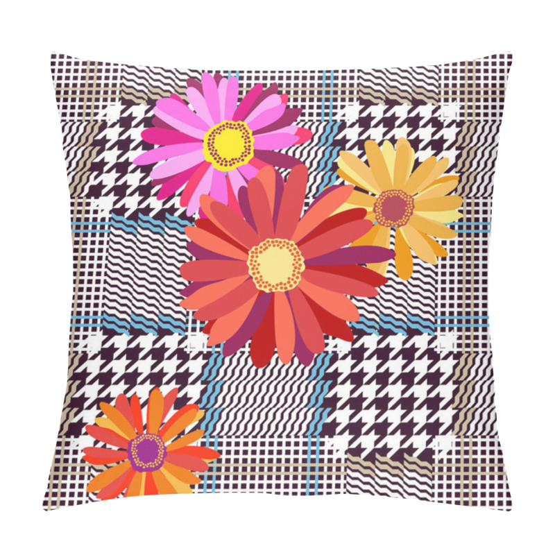 Personality  Classical Checkered English Fabric Print With Embroidered Gerbera. Pillow Covers