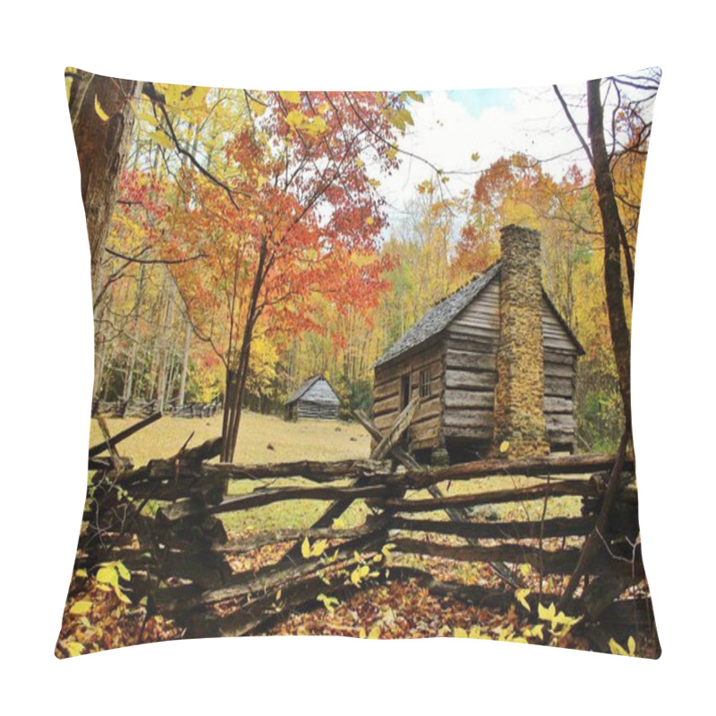 Personality  An Abandoned Pioneer Log Cabin Settlement In Cades Cove, Great Smoky Mountains National Park, Tennessee, With Split Rail Fence In The Foreground, Grassy Meadow, And Fall Foliage In The Background. Pillow Covers