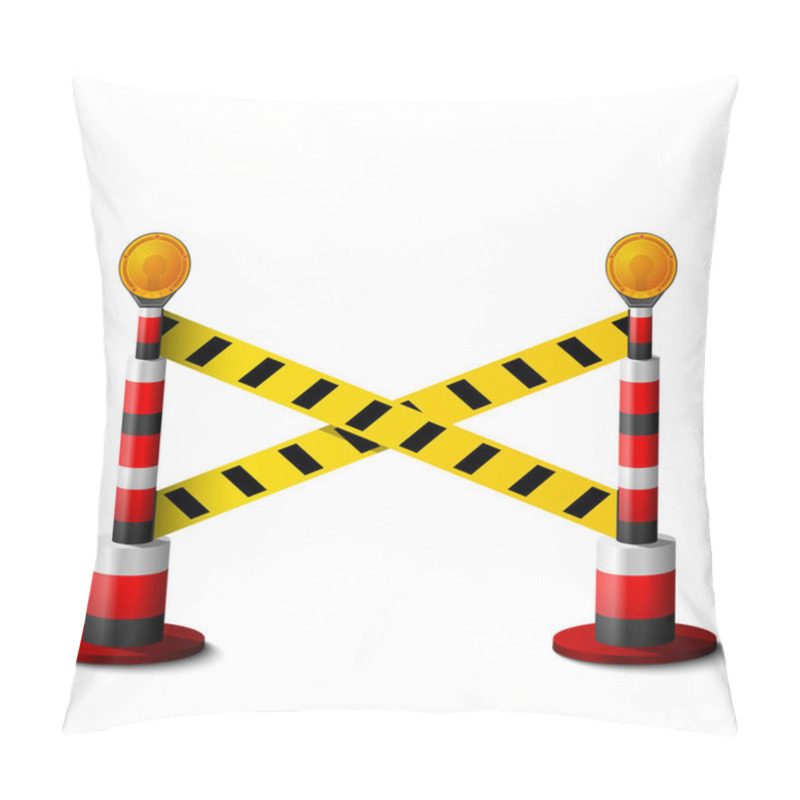 Personality  Blocking Bollards With Road Warning Lights. Barrier Tape Is Stretched Crosswise Between Safety Posts. Vector Illustration For Security, Protection, Enclosure, Etc Pillow Covers