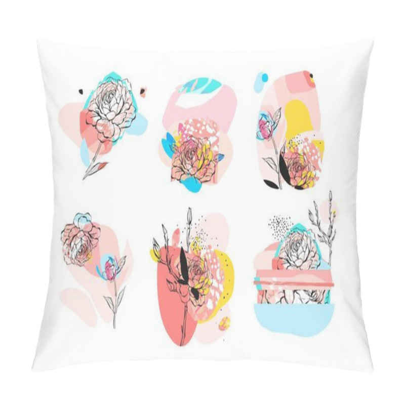 Personality  Hand Drawn Vector Abstract Textured Trendy Creative Universal Collage Collection Elements Set With Peony Flowers Motifs Isolated On White Background With Different Textures And Shapes. Pillow Covers