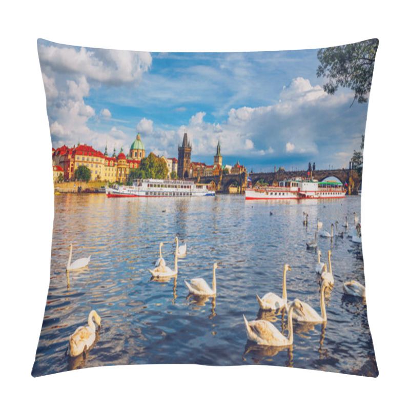 Personality  View Of Prague Charles Bridge Near The Vltava River. Swan On The River. Swans Swim In The Vltava River. Charles Bridge At Sunset. Prague Swans Of The Vltava River, Prague, Czech Republic Pillow Covers