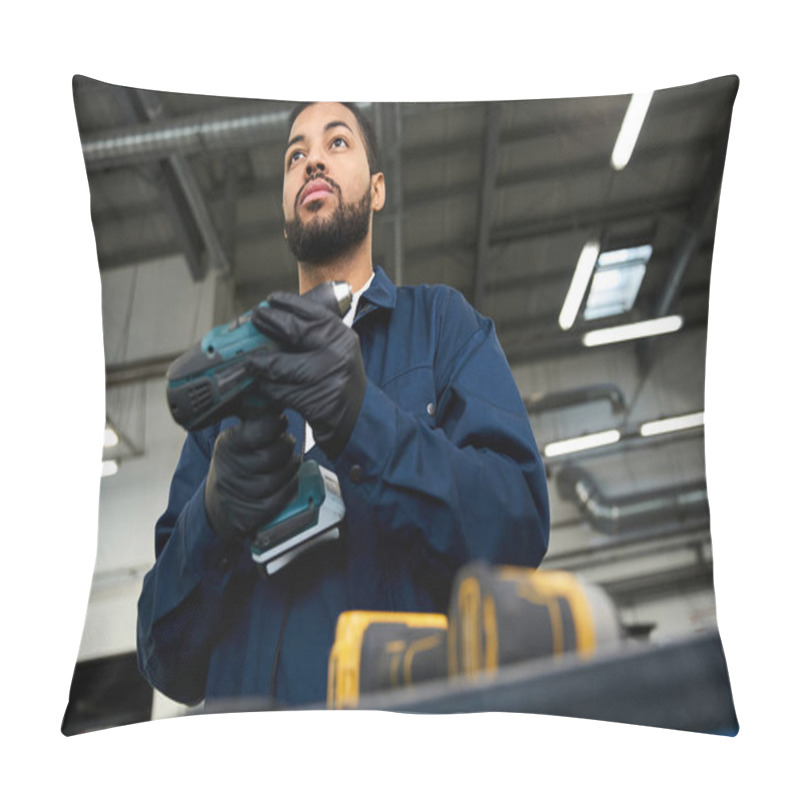 Personality  Mechanic Demonstrates Skills While Holding Tools In A Well Lit Automotive Workshop Environment. Pillow Covers