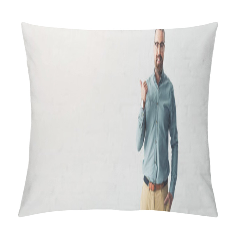 Personality  Panoramic Shot Of Handsome Businessman In Shirt Showing Thumb Up And Looking At Camera  Pillow Covers