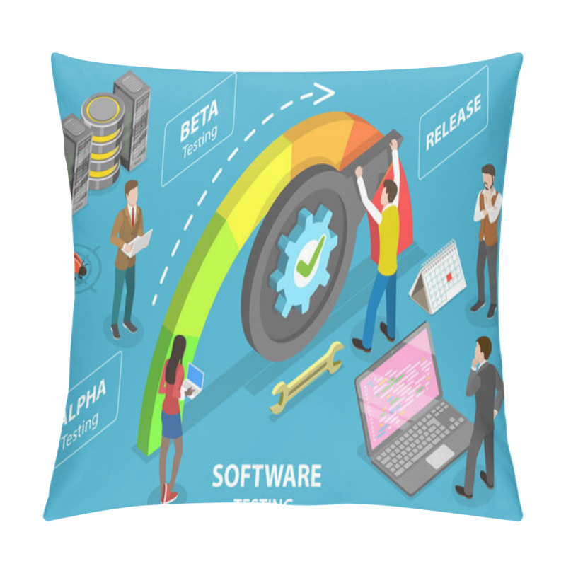 Personality  3D Isometric Flat Vector Conceptual Illustration Of Software Testing Pillow Covers