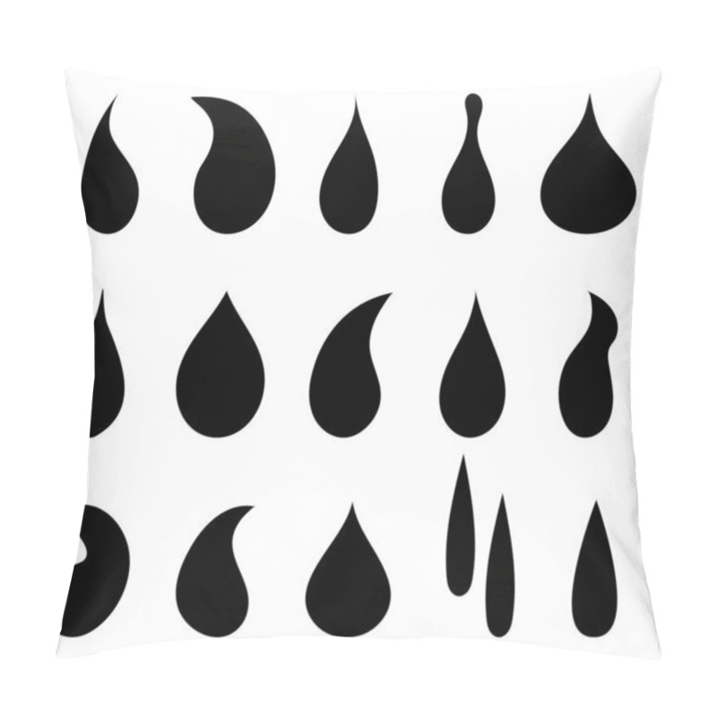 Personality  Drop Water Icon. Black Droplet. Symbol Of Oil, Rain, Liquid. Shape Of Tear. Simple Graphic Element Of Aqua, Blood, Milk. Logo Of Raindrop Isolated On White Background. Design For Nature Fluid. Vector. Pillow Covers