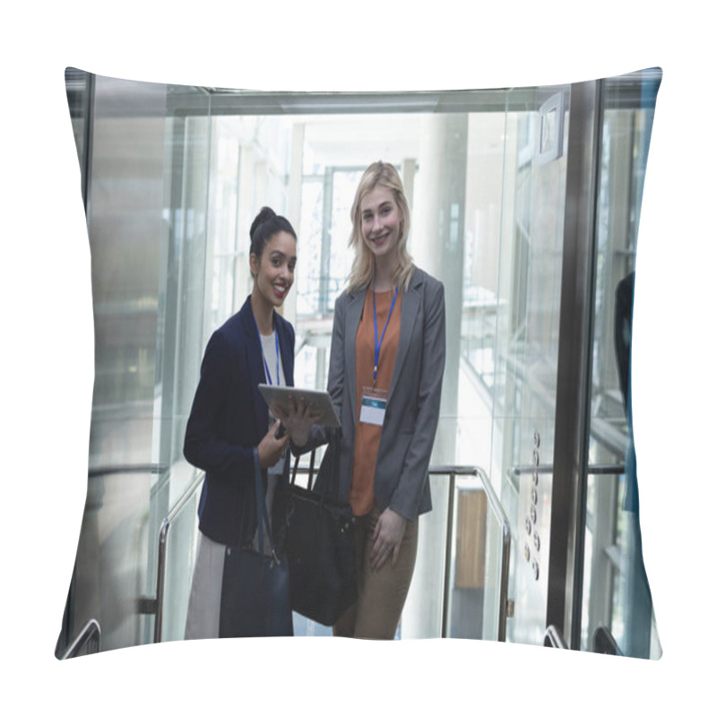 Personality  Front View Of Happy Young Multi-ethnic Businesswomen With Digital Table Looking At Camera In Modern Office Elevator Pillow Covers