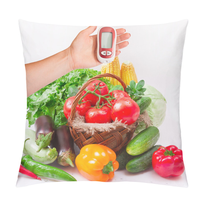 Personality  Vegetables Isolated On White. Woman Testing For High Blood Sugar. Pillow Covers