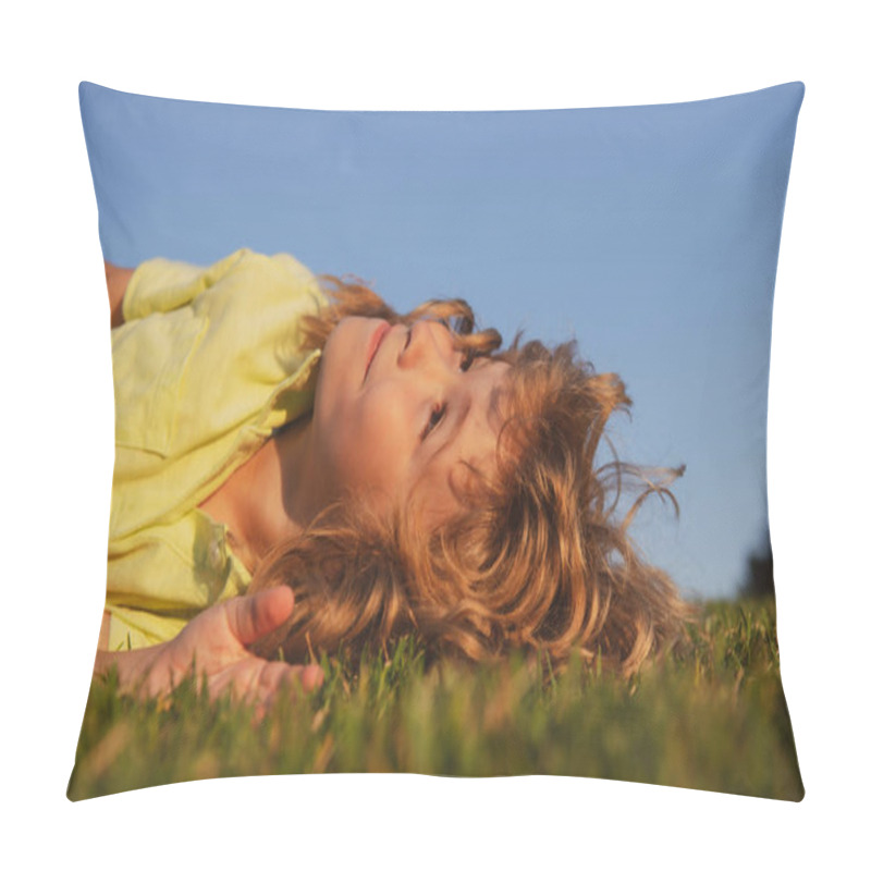 Personality  Kids Dreaming. Happy Little Boy Laying On Grass. Kids Exploring Nature, Summertime Pillow Covers