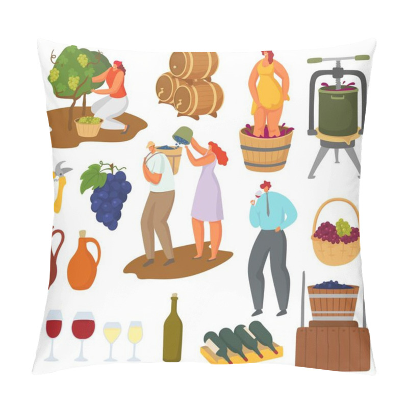 Personality  Wine And Winemaking Vector Illustration Set, Farmer Winemaker Characters Harvesting, Pressing, Making Wine Pillow Covers